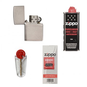 Zippo brushed chrome benzine aansteker met extra vuursteentjes lont en benzine